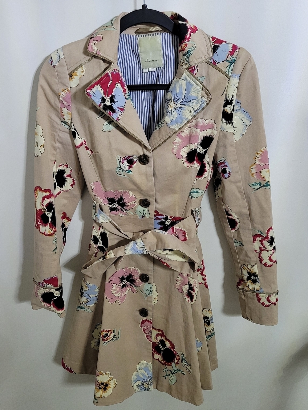 Anthropologie Elevenses Beige Floral Pansy Corset Trench Coat with Belt, Size 0